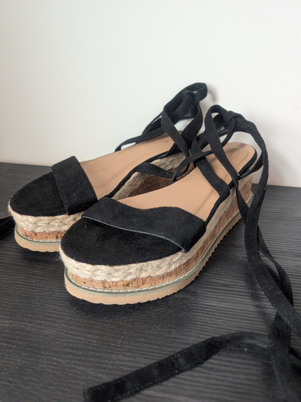 PrettyLittleThing Niella Black Espadrille Flatform Sandals Sz 9